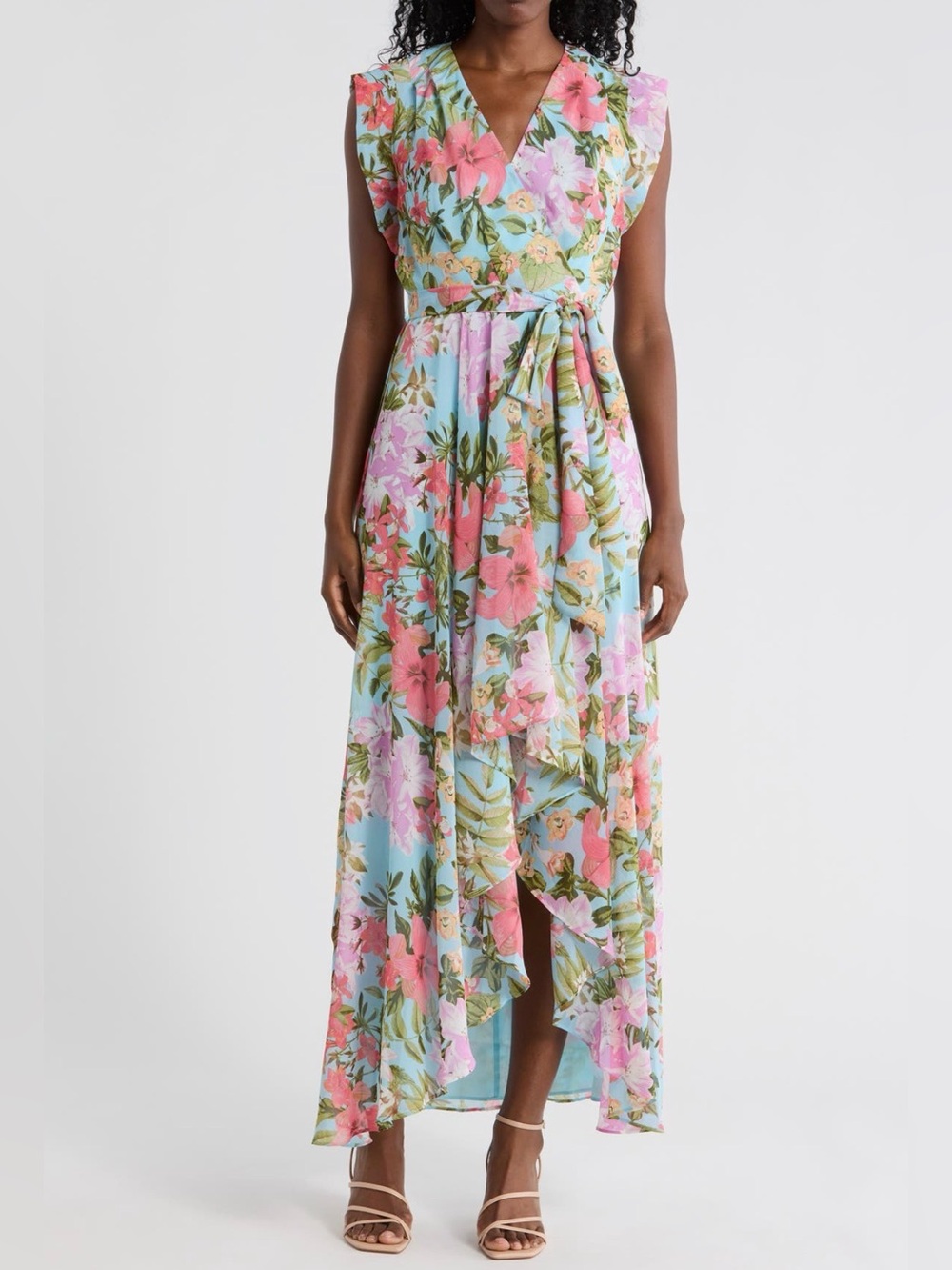 Eliza J Pastel Floral High-Low Wrap Dress in Pink & Blue size 4